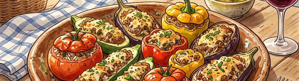 Platter with stuffed tomatoes, bell peppers, zucchinis, and eggplants on wooden table