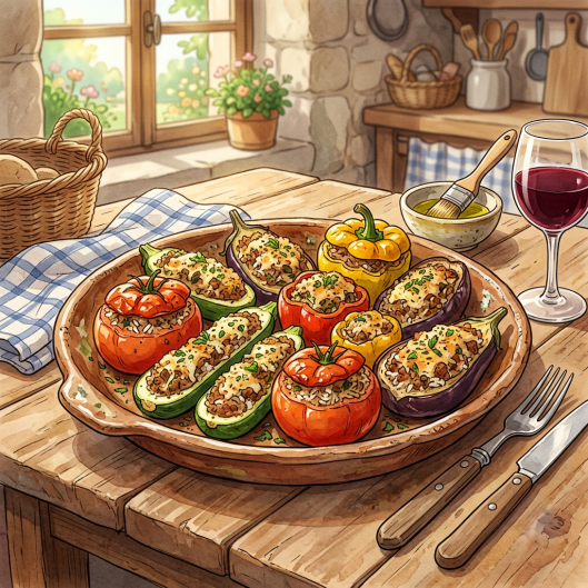 Platter with stuffed tomatoes, bell peppers, zucchinis, and eggplants on wooden table