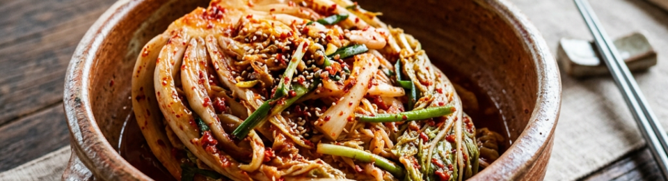 Bowl of spicy Korean kimchi with sesame seeds and green onions