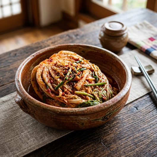 Bowl of spicy Korean kimchi with sesame seeds and green onions