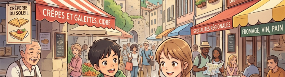 Two young tourists with food in a French street market with crepes and regional specialties