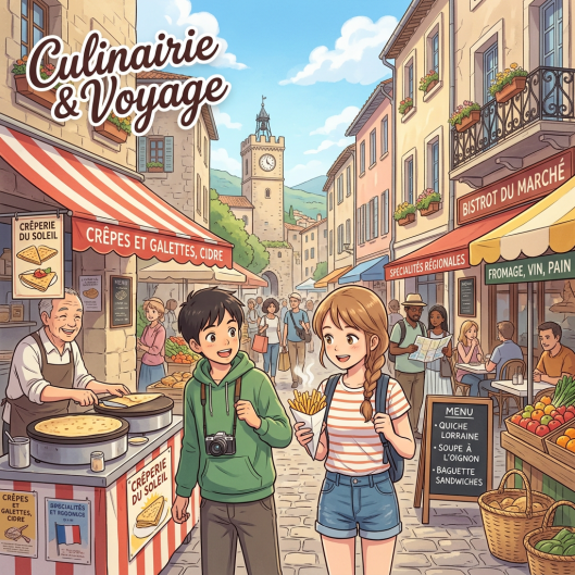 Two young tourists with food in a French street market with crepes and regional specialties