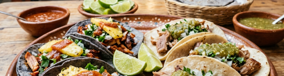 Platter with blue corn tacos topped with pineapple and red sauce and white corn tacos with green salsa and lime wedges