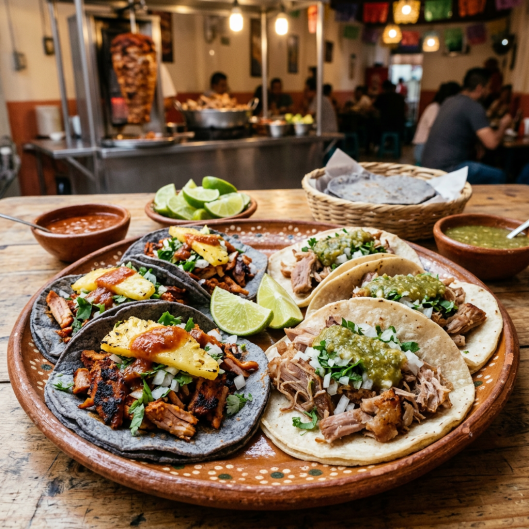 Platter with blue corn tacos topped with pineapple and red sauce and white corn tacos with green salsa and lime wedges