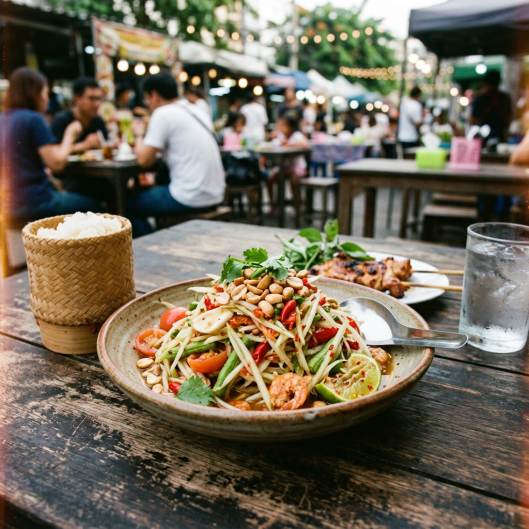 Thai papaya salad with peanuts, lime, and shrimp with sticky rice and grilled skewers on wooden table