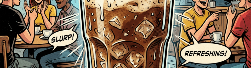 Glass of iced coffee with whipped cream and chocolate shavings on a café table surrounded by animated friends chatting and a barista behind the counter