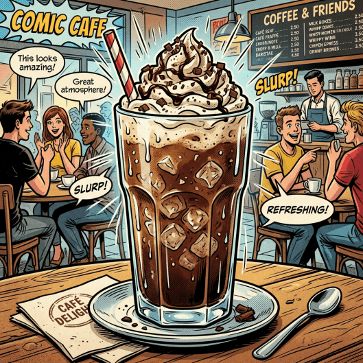 Glass of iced coffee with whipped cream and chocolate shavings on a café table surrounded by animated friends chatting and a barista behind the counter
