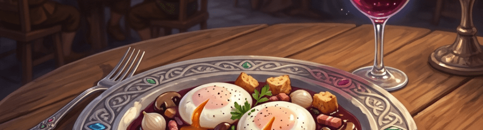 Plate with poached eggs, mushrooms, onions, and bacon next to a glowing glass of red wine in a medieval tavern.