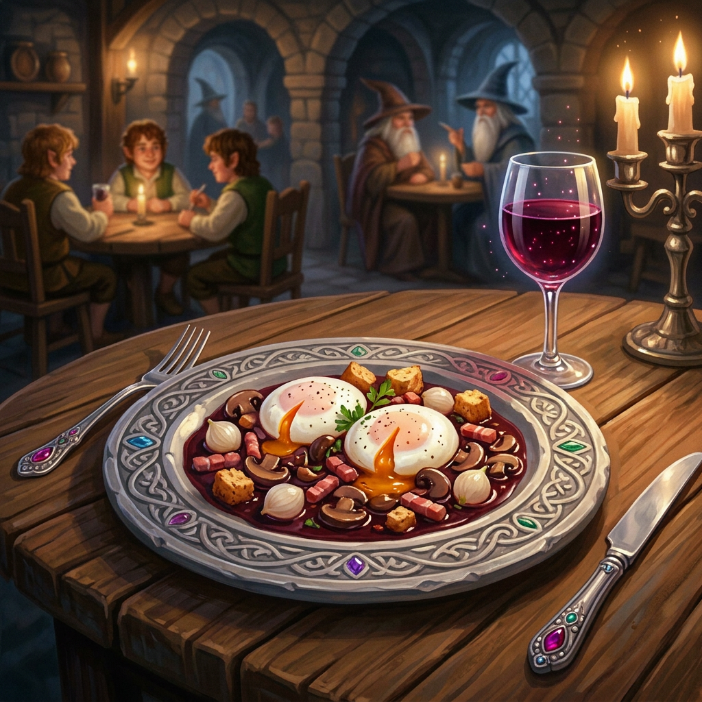 Medieval feast with magical ambiance Plate with poached eggs, mushrooms, onions, and bacon next to a glowing glass of red wine in a medieval tavern.