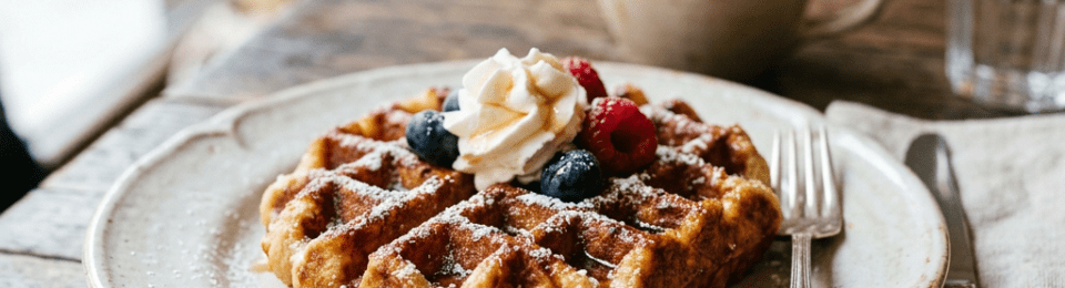 Waffle topped with whipped cream, blueberries, and raspberries on a plate with fork and knife, coffee cup in background