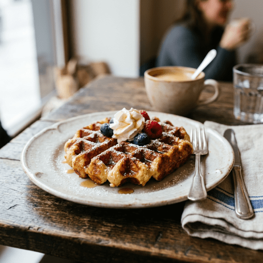 Waffle topped with whipped cream, blueberries, and raspberries on a plate with fork and knife, coffee cup in background