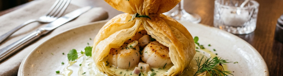 Seared scallops nestled in a golden pastry pouch on a creamy herb sauce plated with microgreens and grilled lime wedge