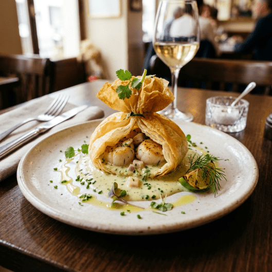 L'aumônière de Saint-Jacques est un plat raffiné qui s'inscrit dans la tradition gastronomique française. Son nom « aumônière » fait référence à un sac ou une bourse, en raison de la façon dont les ingrédients sont enveloppés dans une pâte fine