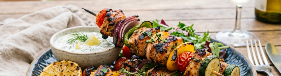 Grilled chicken skewers with bell peppers, zucchini, cherry tomatoes, red onions, lemon half and dipping sauce on a blue plate