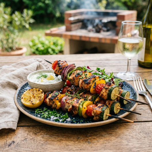 Les brochettes de volailles aux légumes sont un plat qui tire son origine de diverses traditions culinaires à travers le monde, notamment de la cuisine méditerranéenne et du Moyen-Orient. 