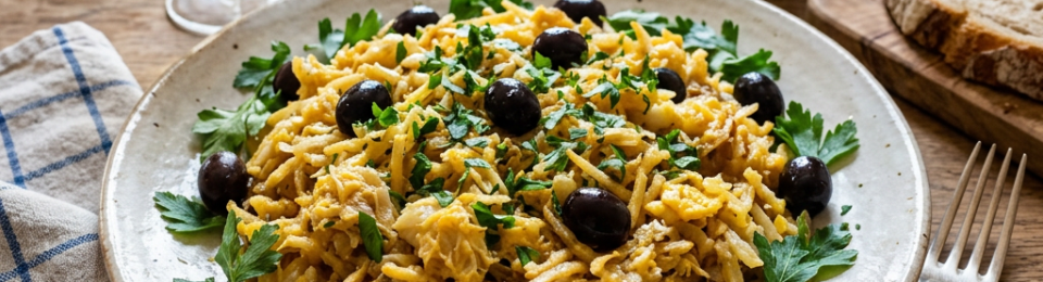Bacalhau à Brás dish with shredded codfish, potatoes, black olives, and parsley on a ceramic plate