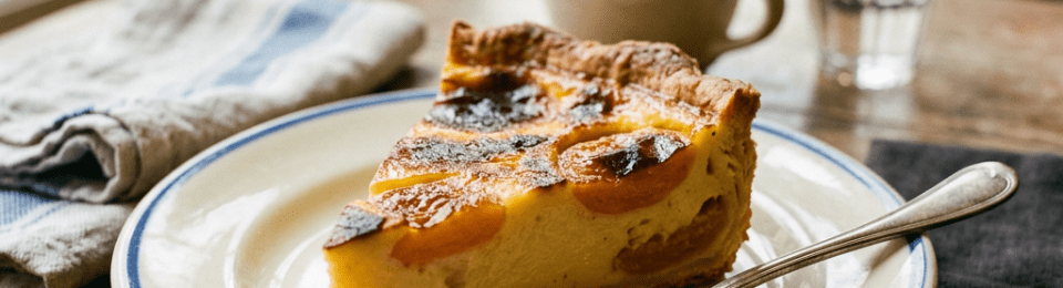 Slice of apricot tart on a plate with a fork, cup of coffee, and glass of water on wooden table
