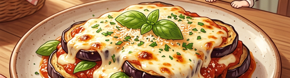 Plate of eggplant parmesan with melted cheese, tomato sauce, and basil on a wooden table with a happy girl drooling