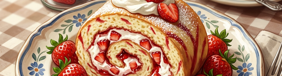Slice of strawberry Swiss roll with whipped cream and fresh strawberries on a plate, with a jar of strawberries and a cup of tea on a table