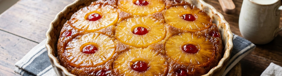 Pineapple upside-down cake with pineapple rings and cherries in a ceramic dish