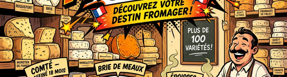 Cartoon French cheeses and cheesemonger promoting a cheese quiz with over 100 varieties