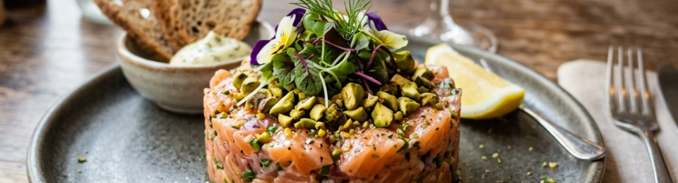 Salmon tartare garnished with pistachios and microgreens on a plate with lemon wedge, toasted bread, and white wine