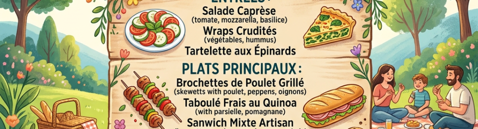 Picnic menu featuring fresh salads, grilled chicken skewers, artisan sandwiches, desserts, and drinks alongside a family having a picnic