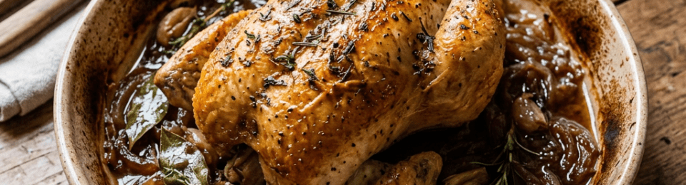 Roasted whole chicken garnished with rosemary on a bed of caramelized onions and garlic in a round ceramic dish