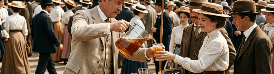 Men and women in early 1900s attire at an iced tea stand labeled st. Louis 1904