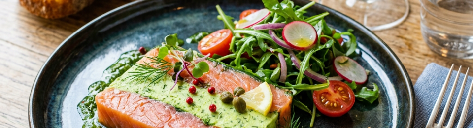 Plate with salmon topped with green sauce, salad with cherry tomatoes and radishes, slice of bread with butter