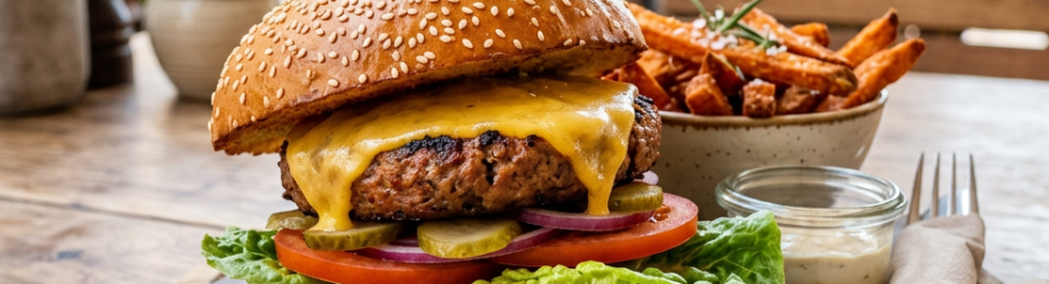Cheeseburger with melted cheddar, lettuce, tomato, pickles, onions, mayonnaise, sesame bun, with sweet potato fries and dipping sauce