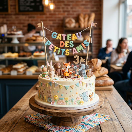 Children's birthday cake with animal toppers and 'Gateau des Petits Amis' banner