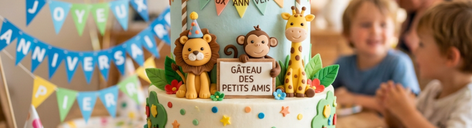 Two-tiered birthday cake with fondant animals and a 'Pierre 4' topper