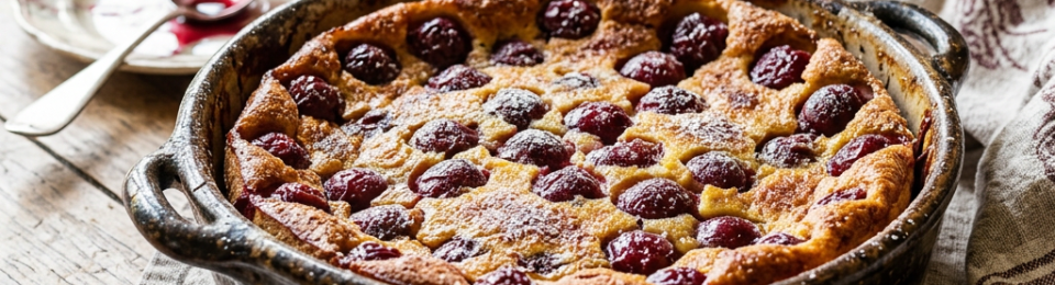 Cherry clafoutis baked in a ceramic dish with fresh cherries
