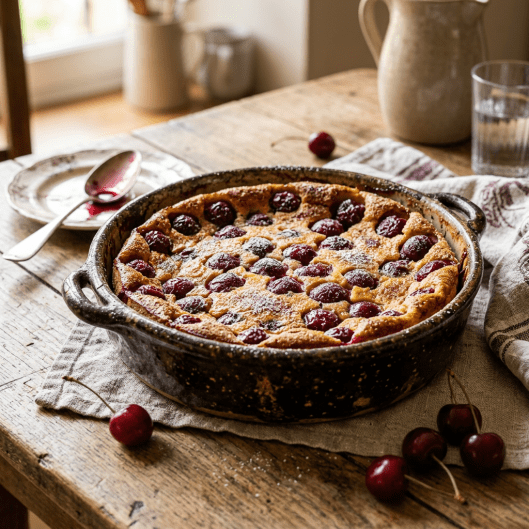 Cherry clafoutis baked in a ceramic dish with fresh cherries