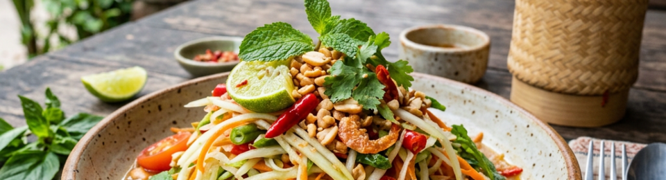 Thai papaya salad with shredded vegetables, peanuts, lime, chili, and fresh herbs