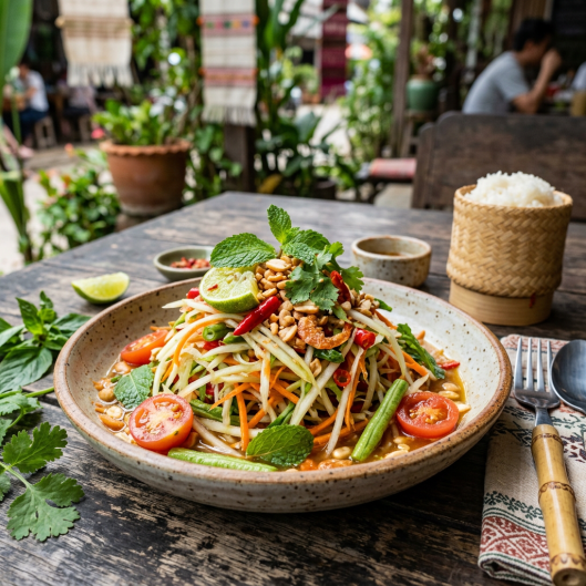 Thai papaya salad with shredded vegetables, peanuts, lime, chili, and fresh herbs