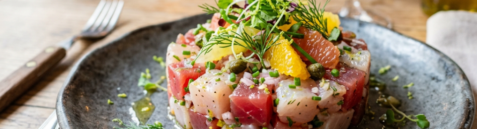 Seafood tartare with diced fish, herbs, and citrus on a gray plate