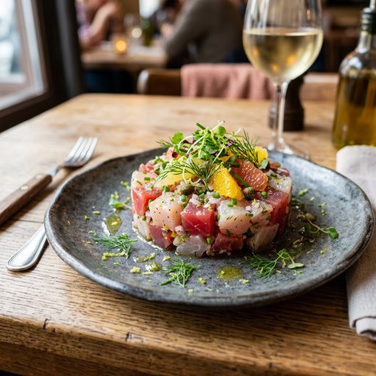 Seafood tartare with diced fish, herbs, and citrus on a gray plate