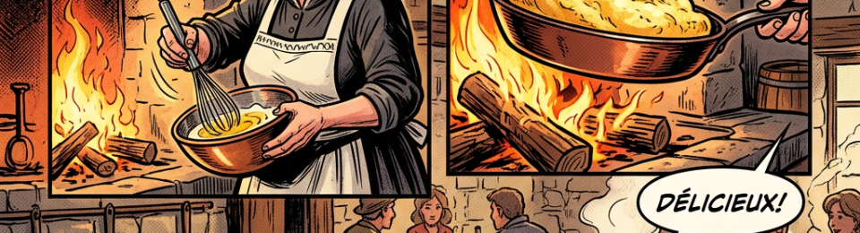 An elderly woman whisking eggs and cooking an omelette over an open fire in a rustic kitchen