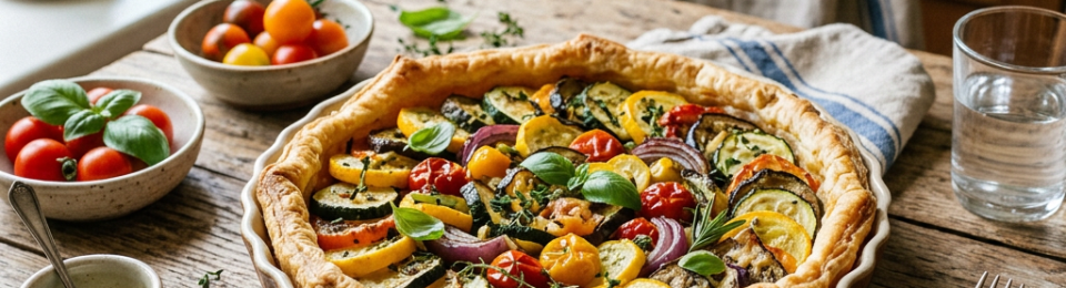 Vegetable tart with zucchini, yellow squash, cherry tomatoes, red onion, and fresh basil in a ceramic dish