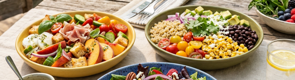 Three bowls of fresh salads with fruits, vegetables, grains, nuts, and cheese on a wooden table outdoors