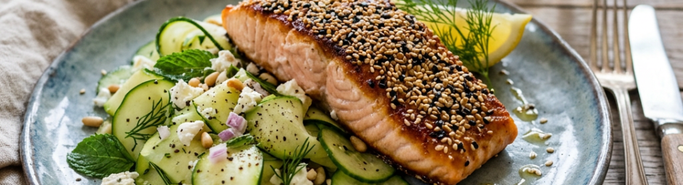 Sesame-crusted cooked salmon fillet on a bed of cucumber salad with herbs and pine nuts