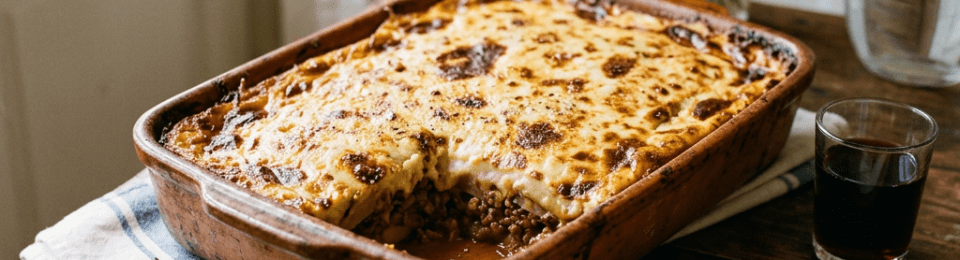 Baked moussaka casserole with a serving on a plate and glass of dark beverage