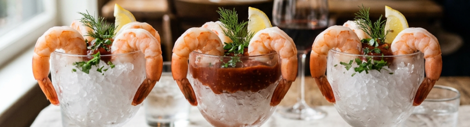 Three shrimp cocktail glasses with ice, shrimp, cocktail sauce, lemon wedges, and herbs