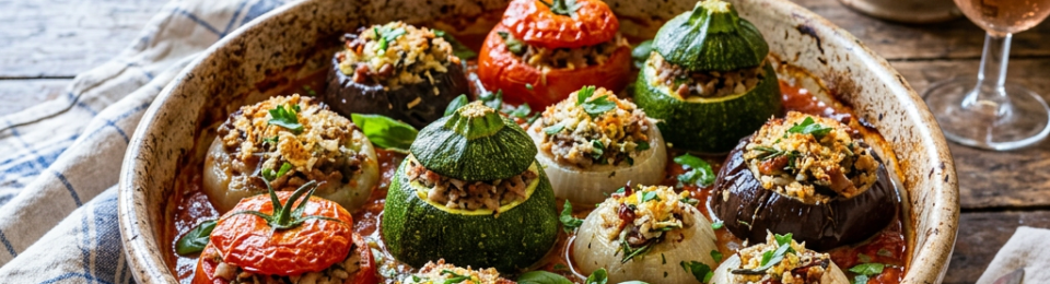 Ceramic dish with baked stuffed tomatoes, zucchini, onions, and eggplants garnished with herbs and breadcrumbs