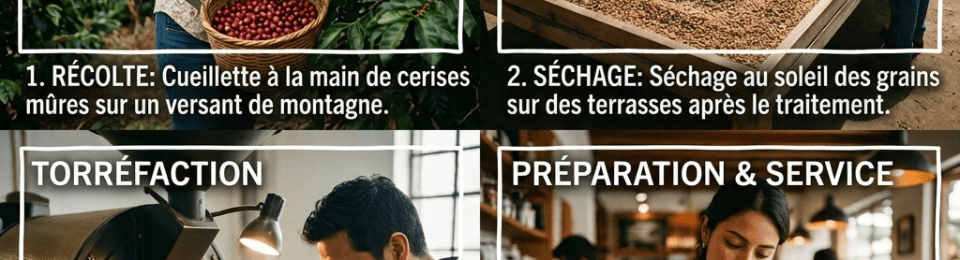 Four images showing coffee harvesting, drying beans, roasting, and brewing coffee.