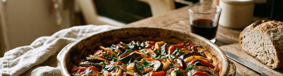 Baked vegetable casserole garnished with herbs in a ceramic dish