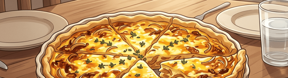 Freshly baked quiche with herbs sliced on wooden table with plates and glass of water