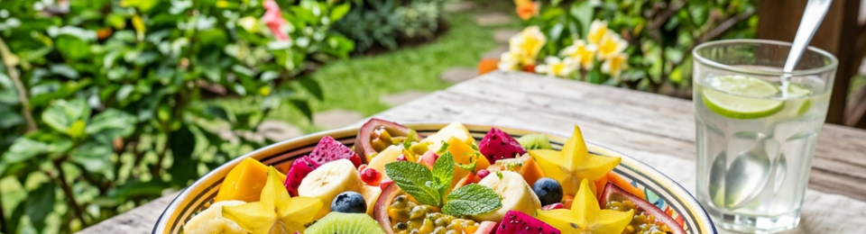 Bowl of mixed tropical fruits including kiwi, starfruit, pineapple, dragon fruit, blueberries, and passion fruit on a wooden table with spoon and glass of lime water